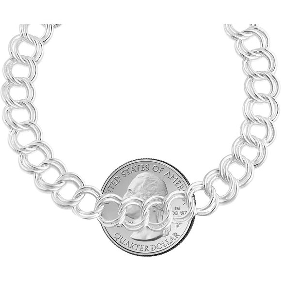 925 Sterling Silver Double Ring Charm Link Bracelet 8-inch for Women - Picture 3 of 5